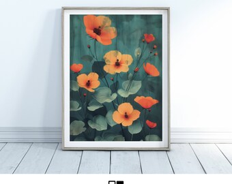 Ilustración botánica país chic cartel floral arte digital instantáneo vintage inspirado amapola impresión naranja amapolas imprimible arte de pared