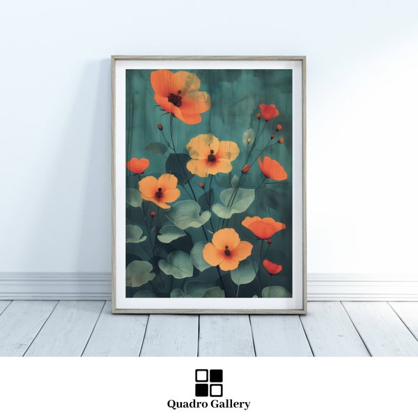 Botanical illustration country chic floral poster instant digital art vintage inspired poppy print orange poppies printable wall art