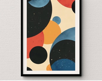 Mid century modern wall art printable abstract planet shapes bold retro colors digital geometric artwork for home office boho decor