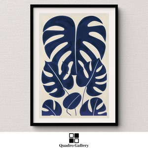 Monstera Leaf Abstract Wall Art, Minimalist Botanical Print in Dark Blue Scandinavian Decor Instant Download printable artwork for home
