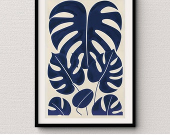 Arte de pared abstracto con hojas de Monstera, impresión botánica minimalista en azul oscuro, decoración escandinava, descarga instantánea, obra de arte imprimible para el hogar