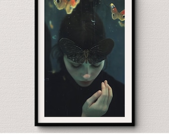 Dreamscape Portrait with Butterflies Dark Surreal Art Woman with Eyes Closed Printable Wall Art Unique Instant Download Decor For home