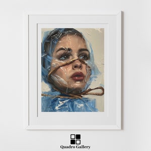 Hyperrealistic surreal woman art tied with rope blue plastic realism portrait unique emotional wall art modern figurative artwork print Home