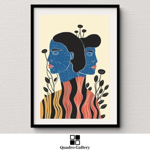 Abstract faces printable art black and white modern line drawing minimalist dual portrait digital print instant download home decor