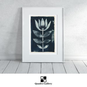 Indigo Cyanotype Flower Print Botanical Wall Art Minimalist Nature Illustration Vintage Botanical Decor Blue Floral Ink Painting For home