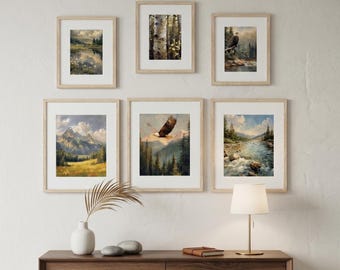 Mountain West Gallery Art Set | Western Landscape Framed Set of 6 Prints | Rustic Mountain, Bald Eagle,  Alpine Meadow and River