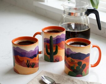 Southwest Desert Mug | Purple Mountain Cactus Ceramic Coffee Mug, Multiple colors available in two sizes.