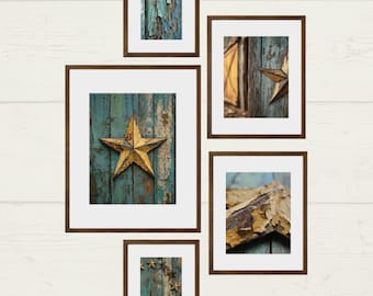 Americana Barn Star Gallery Wall Set | Rustic Barn Star Gallery Wall Decor | Framed and Printed