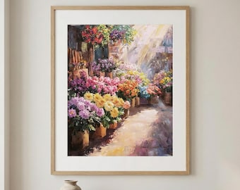 Flower Market Sunlight Wall Art | Impressionist Floral Street Scene | Printed and Framed