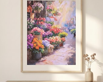 Flower Market Poster: Vintage Botanical Street Scene (Digital Download)