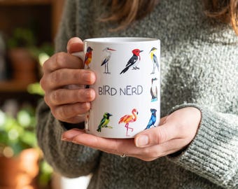 Tazza per appassionati di uccelli / Tazza da caffè con disegni geometrici di uccelli colorati / Regalo divertente per amanti del birdwatching e della natura / Tazza in ceramica da 325 ml