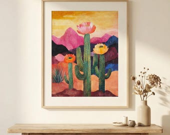 Stampa di fiori di cactus: paesaggio desertico Boho Wall Art (download digitale)
