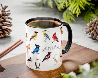Bird Nerd Mug | Colorful Geometric Bird Art Coffee Cup | Funny Gift for Birdwatchers, Nature Fans | 11 oz or 15 oz Ceramic Mug