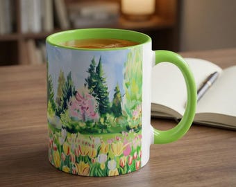 Tulip Garden Mug | Botanical Coffee Cup Gift, Floral Ceramic Tea Mug for Nature Lovers, Spring Garden Art Cup, Cheerful Desk Decor