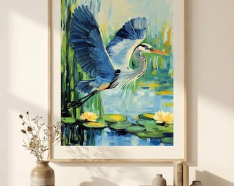 Blue Heron Wall Art, Vibrant Nature Painting, Bird Over Water Lily Pads, Cottagecore & Lake House Decor, Printable Wildlife Artwork