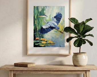 Blue Heron Framed Wall Art, Coastal Bird Print, Beach House Decor, Florida Marsh Painting | LP153