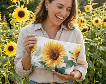 Sunflower Cosmetic Bag | Floral Makeup and Toiletry Zipper Pouch for Travel, Garden Lovers or Grandma Gift