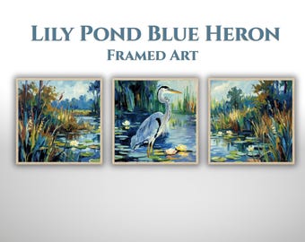 Trittico di quadri con airone blu / set di dipinti naturalistici con stagni di ninfee, quadri con uccelli acquatici incorniciati per soggiorno, decorazioni per case sul lago costiero