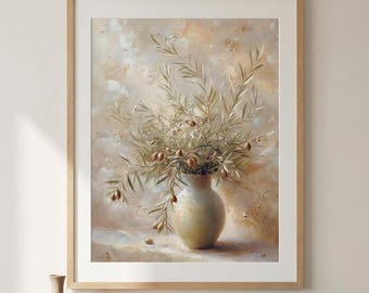 Olive Branch Wall Art | Neutral Botanical, Olive Brand Still Life in Vase | Printed and Framed Art