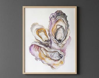 Bold Shells Oyster Wall Art | Watercolor Oyster Print for Beach House or Nautical Gallery Decor