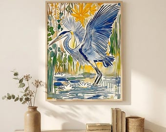 Blue Heron Wall Art Print, Coastal Marsh Landscape for Gallery Wall, Great Blue Heron Print, Matisse Style Print (Digital Download)