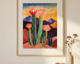 Print bohocactus zonsondergang: woestijnlandschap galerie muurkunst (digitale download)