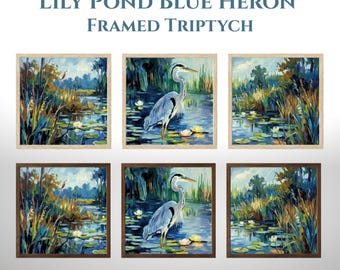 Blue Heron Wall Art Triptych | Lily Pond Nature Painting Set, Framed Water Bird Art for Living Room, Coastal Lake House Decor