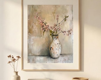 Vintage Wall Art: Rustic Cherry Blossom, Impressionist Flower Painting for Modern Farmhouse, Bouquet Shabby Chic Cottagecore French Country