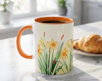 Tazza da caffè con narcisi pastello / Tazza da caffè con fiori acquerellati per decorazioni primaverili, festa della mamma o regalo per i nonni