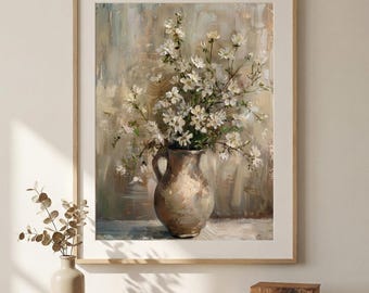 Neutral Wall Art, Farmhouse Floral Print: Rustic Vase with White Blossoms, Nancy Meyers Wall Art, Light Academia French Country Decor