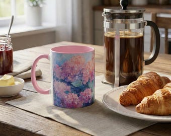Hydrangea Botanical Mug | Pastel Floral Ceramic Coffee Cup Gift for Garden Lovers, Mother’s Day Tea Mug, Cheerful Cubicle Decor