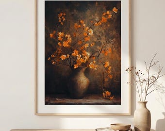 Moody Floral Still Life Print | Warm Botanical Vase Art in Amber Tones, Vintage-Inspired Wall Decor for Bedroom, Living Room, Reading Nook