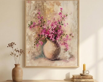 Vintage Wall Art: Cherry Blossom Wildflowers Painting | Antique Oil Style Wall Art | Cottagecore art | Shabby Chic | Printable Art