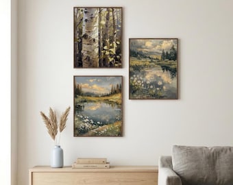 Mountain Lake Wall Art, Set of 3 Framed Prints for Above Bed Decor, Cabin, or Apartment Decor. Nature Prints.