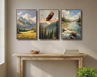 Mountain Wall Art | Rustic Forest Landscape Painting Above Bed Decor, Cabin Decor, Nature Prints, Apartment Wall Art, America Beautiful