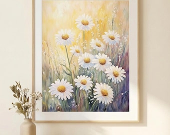 White Daisy Wall Art: Cheerful Wildflower Print for Botanical Decor | Textured Floral Poster for Living Room, New Home Wall Decor Over Bed