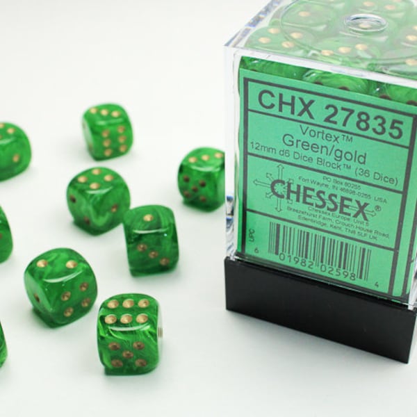 Chessex - Vortex - Green/Gold - 12mm d6 Dice Block (36 dice) Bagged  or boxed