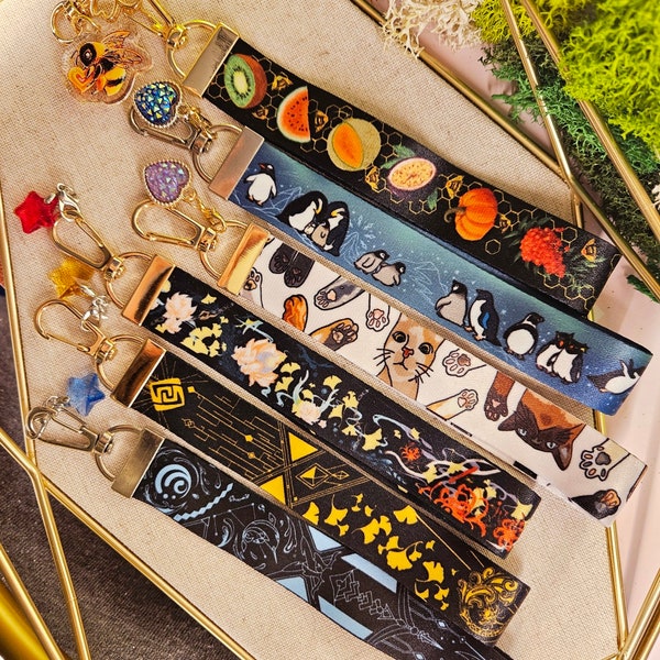 13.2cm x 2cm Lanyard Wristlet with Charms Cellphone Strap - Genshin [Zhongli Childe] - Penguins - Cat Paws - Bees and Fruits