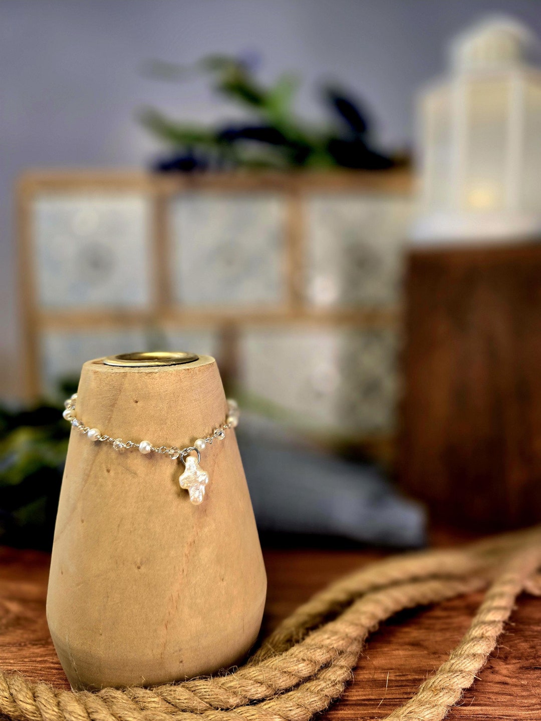 Pastel Pearl Bracelet with Cross Charm Religious Jewelry
