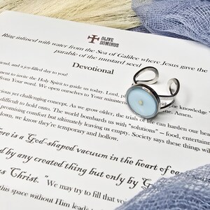 Christian Mustard Seed Ring –Adjustable with Wax-Sealed Scripture Devotional – Pastel Blue Boho Jewelry – Sea of Galilee Water Infusion