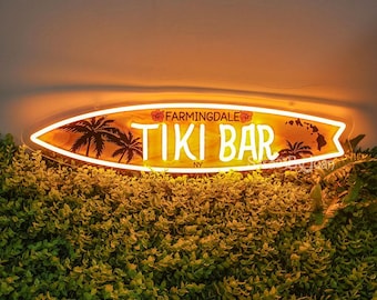 Personalized Surfboard Tiki Bar LED Sign: Beach Decor
