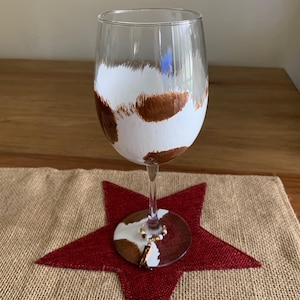 Cowhide, Country, Rustic, Cow, Handmade, Custom, Hand Painted, 12oz,  Stemmed Wine Glass, Epoxy Free