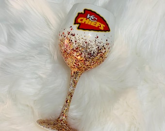Kansas City Chiefs, Football, Sports, Handmade, Custom, 12oz, Half Glittered, Epoxy Free, Stemmed Wine Glass