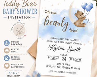 Teddy Bear Baby Shower Invitation Printable | 5x7 Baby Boy Shower Invite | Editable Template | Instant Download | Bear Theme Shower Invite