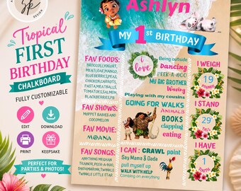 Moana eerste verjaardag schoolbordbord|Luau verjaardag mijlpaalbord|Gepersonaliseerde eilandthema babyposter|Aangepaste aandenken 1e verjaardag