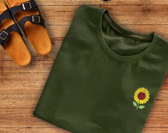 Embroidered Sunflower T-shirt, Floral Tee, Unisex Shirt, Garment-Dyed Top, Casual Summer Wear