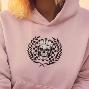 Racer Hoodie, Car Motorcycle Skull Checkered Racing Enthusiast Hot Rod Sweatshirt, Gift for Gearheads, Motorsports Fan, Racing Apparel,