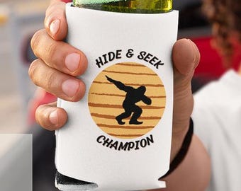 Funny Bigfoot Can Cooler Sleeve: Hide and Seek Champion Neoprene Drink Holder