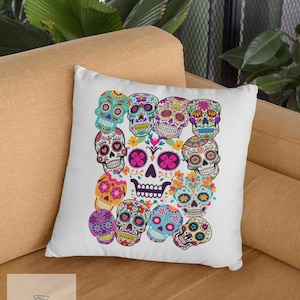 Sugar Skull Dia de los Muertos Pillow, Day Of The Dead Decorative Cushion, Spun Polyester Throw Pillow, Halloween Accent Pillow, Mexican