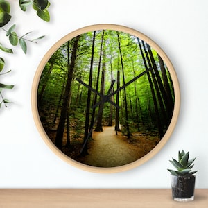 Nature Trail Wall Clock, Forest Hiking Theme Home Decor, Trees Art Print Clock, Outdoor Adventure Gift, Wilderness Cabin Decoration, Rustic